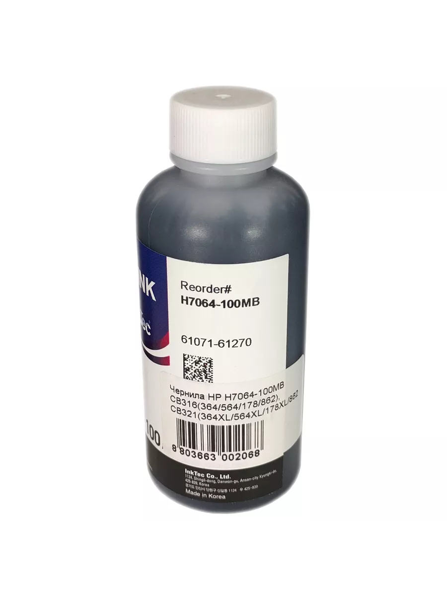 Чернила InkTec (H7064) для HP CB316/ CB321, Bk,Пигментные, 0,1 л. (ориг.фасовка)