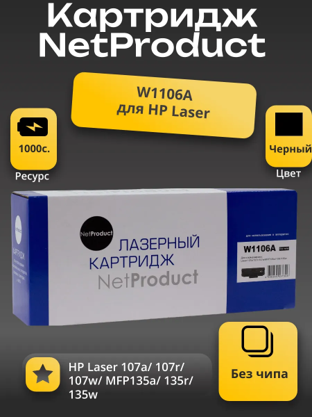 Картридж NetProduct (N-W1106A) для HP Laser 107a/107r//MFP135a/135r/135w/137, 1K (без чипа)