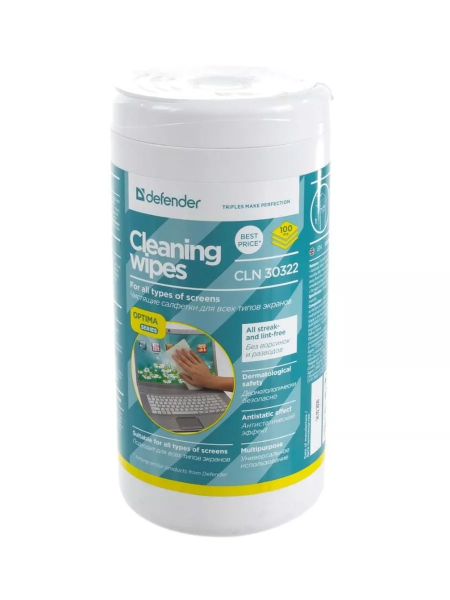 Салфетки Defender для экранов (не оставляют разводов) (CLN 30322), 100 шт., туба